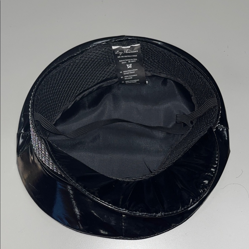 Leg Avenue Shiny faux leather Black Cap with Rhinestone Band & chin strap - Picture 6 of 9